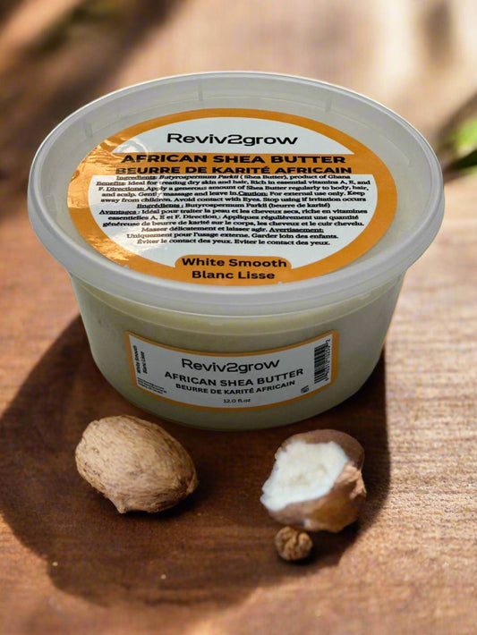 Nourish hair & skin with REVIV2GROW Raw Unrefined African Shea Butter (White). 100% natural, hydrating, and available at Sareya Beauty in Canada.