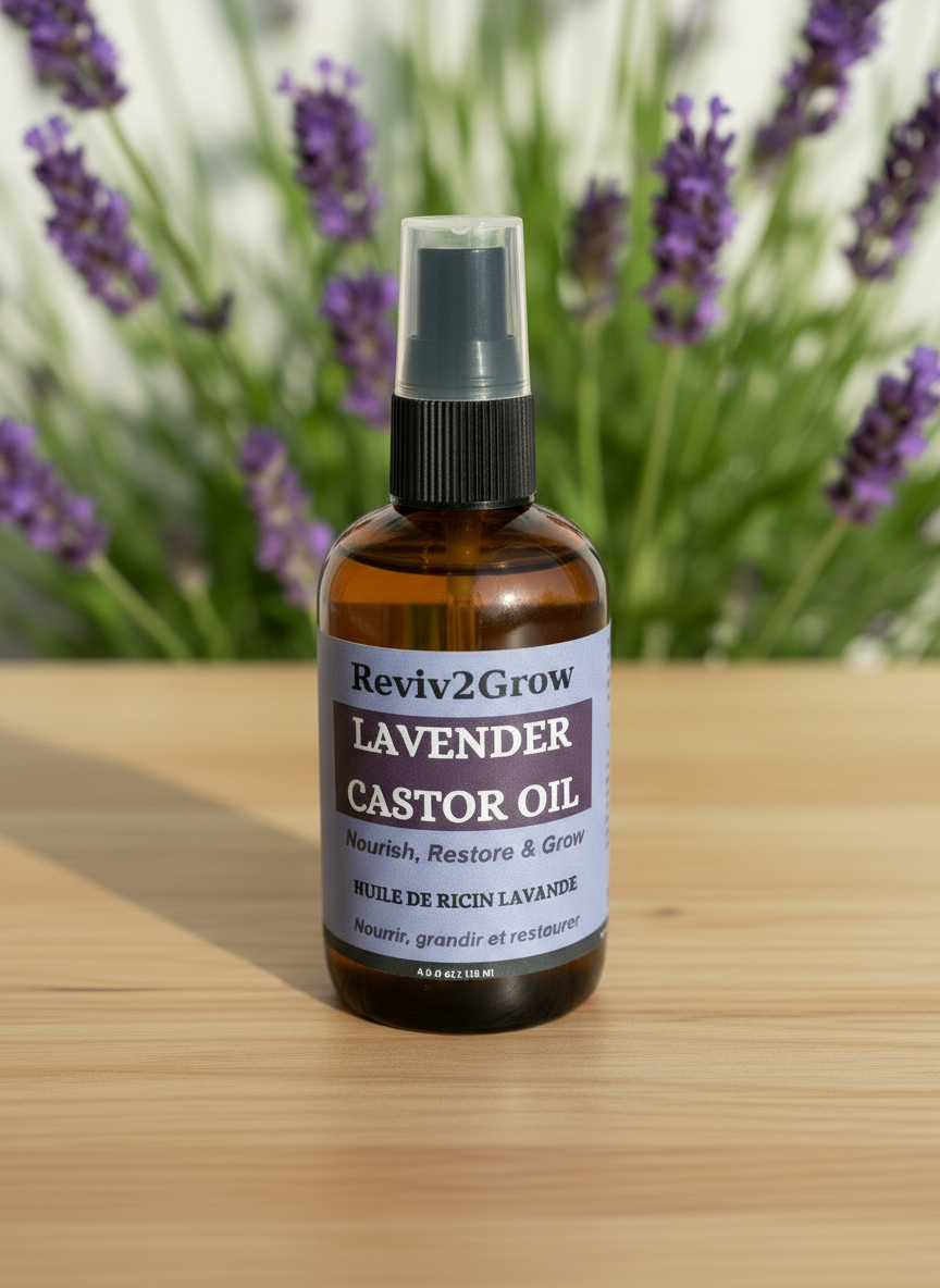 Bottle of Reviv2Grow Lavender Castor Oil on a wooden surface with a white background