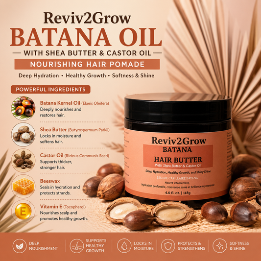Reviv2Grow Batana Oil hair butter with ingredients and benefits on a brown background