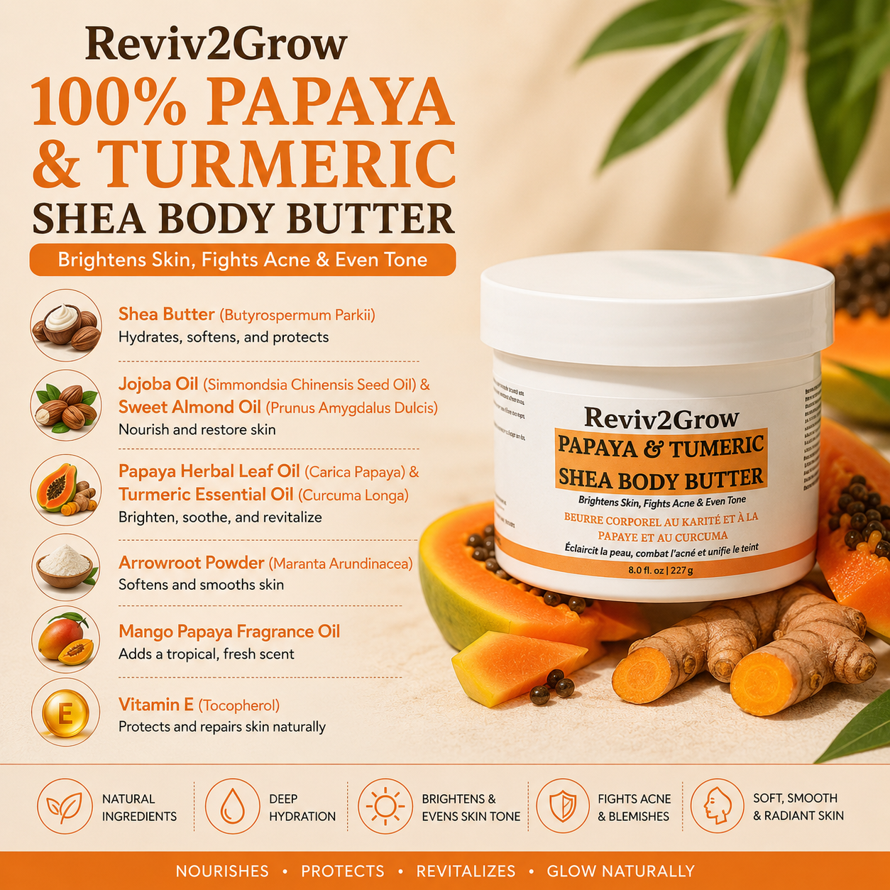Reviv2Grow Papaya & Turmeric Shea Body Butter with ingredients listed on a beige background