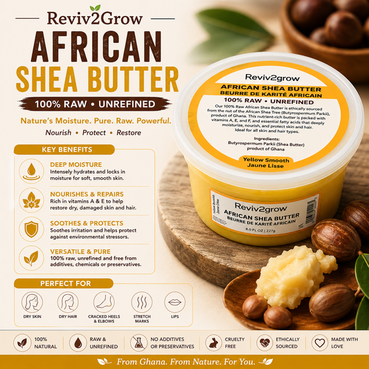 Reviv2grow African Shea Butter packaging with shea nuts and leaves on a wooden background