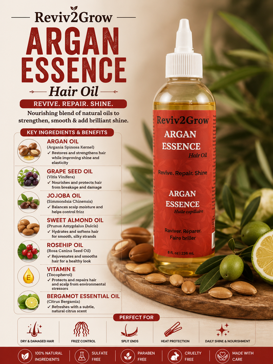 Reviv2Grow Argan Essence hair oil bottle with product details on a natural background