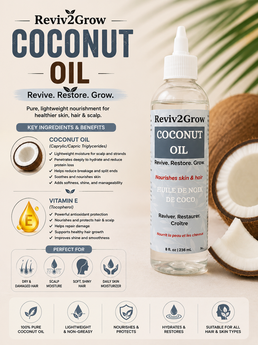 Reviv2Grow coconut oil bottle with product details on a light background