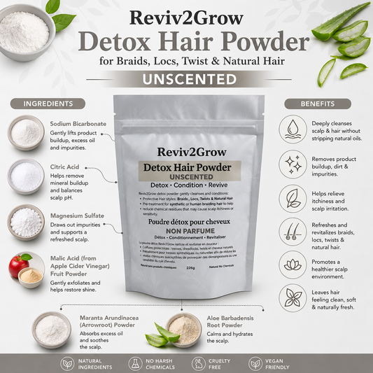 Reviv2Grow Detox Hair Powder packaging with ingredients and benefits on a white background