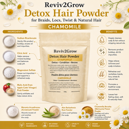 Reviv2Grow Detox Hair Powder packaging with ingredients and benefits listed, surrounded by chamomile flowers and herbs.