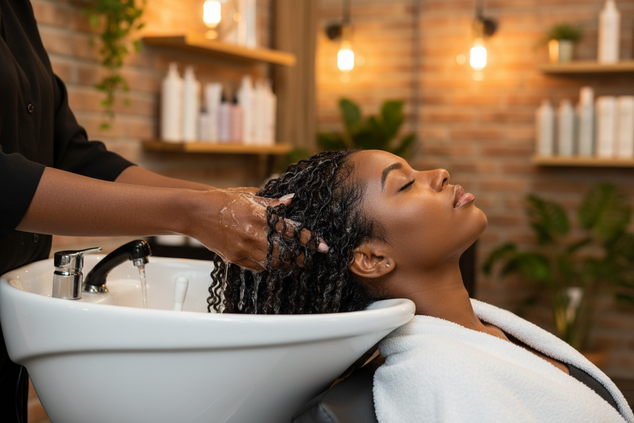 Woman getting her hair washed in a salon setting with a warm and cozy atmosphere.