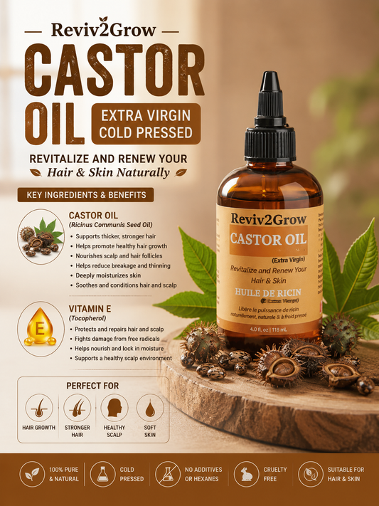 Reviv2Grow Castor Oil bottle on a wooden platform with natural ingredients and text about benefits.