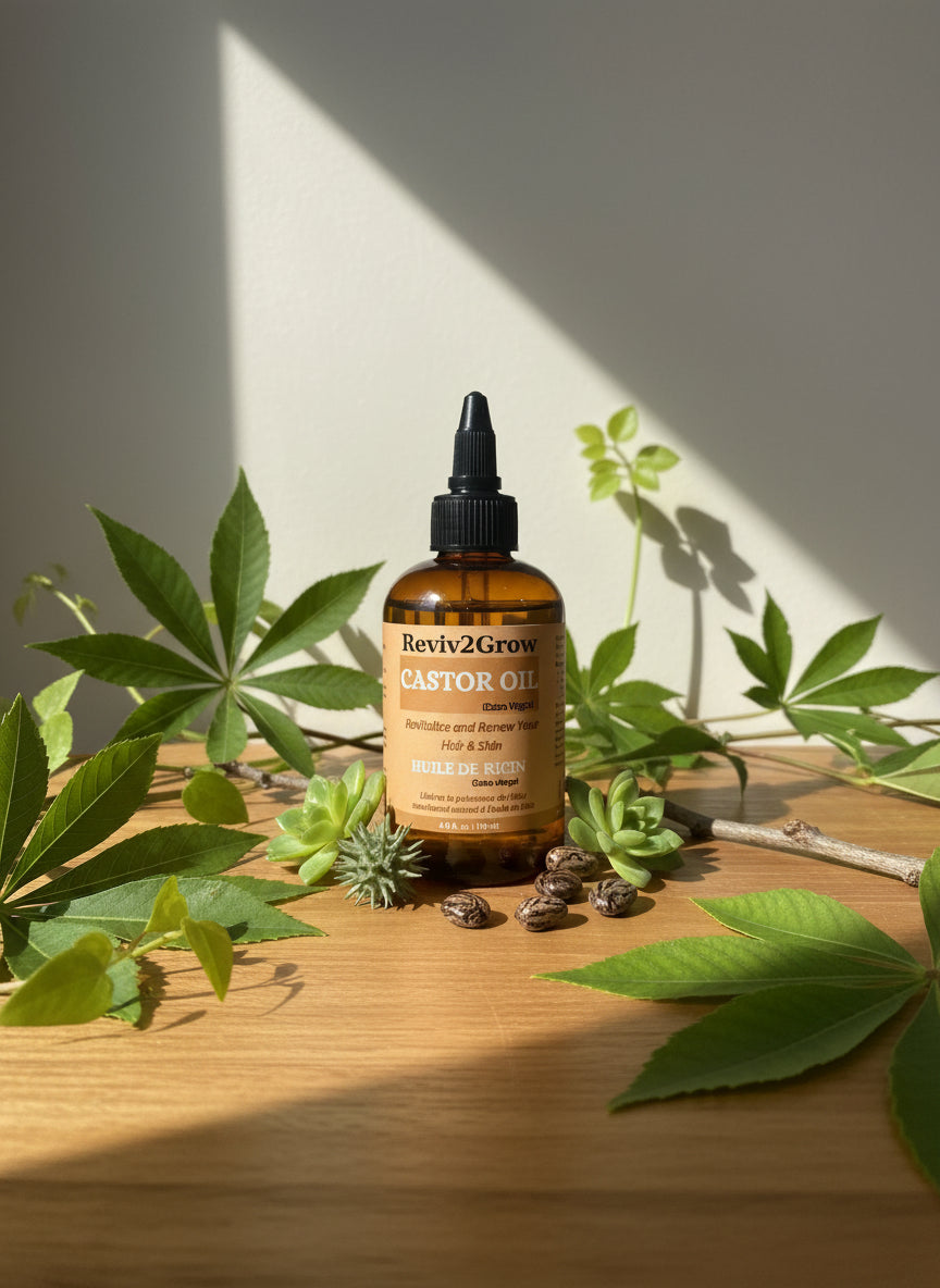 Reviv2Grow Castor Oil bottle on a wooden surface with plants around