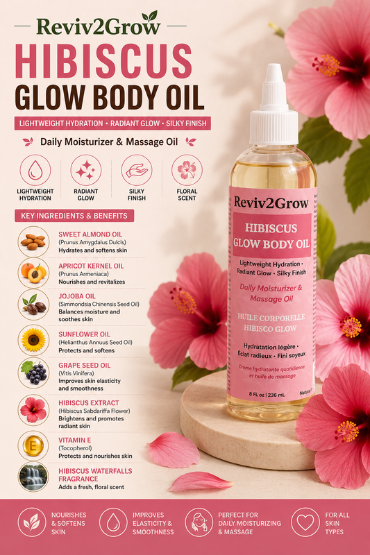 Reviv2Grow Hibiscus Glow Body Oil bottle with pink flowers and product details on a light background