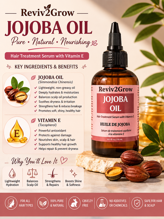 Reviv2Grow Jojoba Oil hair treatment serum with key ingredients and benefits on a light background.