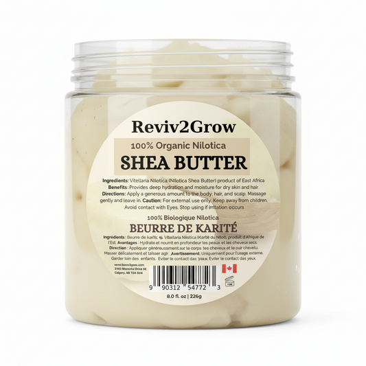 Jar of Reviv2Grow shea butter on a white background