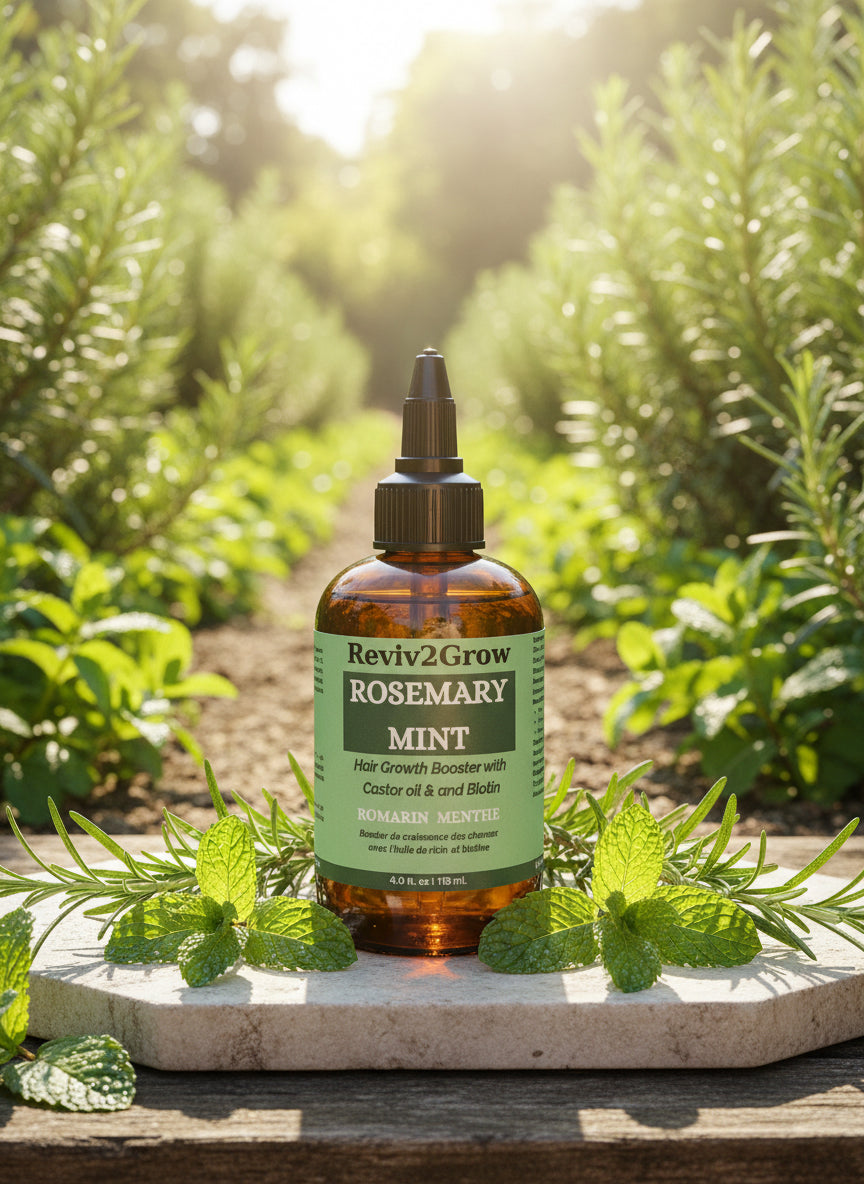 Bottle of Reviv2Grow Rosemary Mint hair growth booster in a garden setting