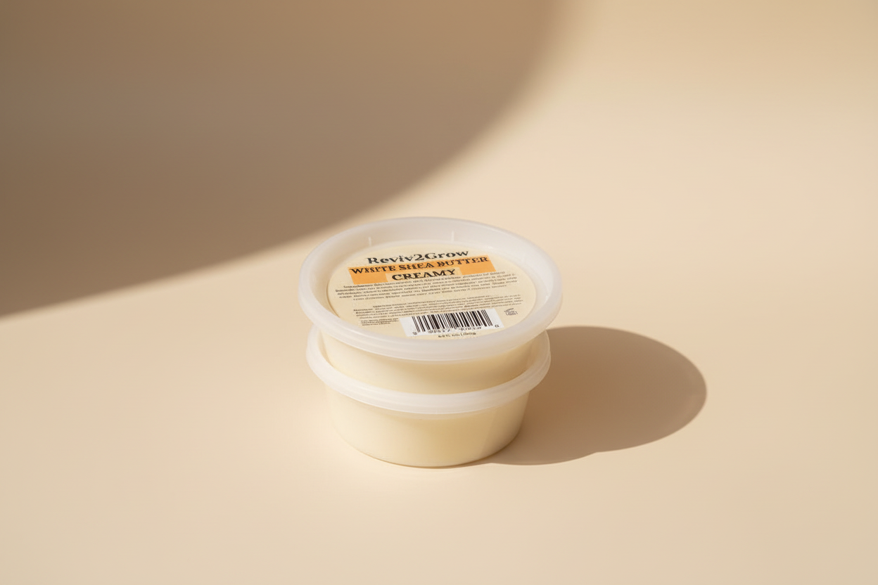 Container of white cream with a label on a beige background