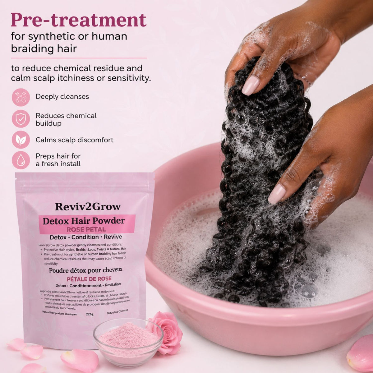 Reviv2Grow Detox Hair Powder for Braids, Locs, Twist & Natural Hair with Rose Petal -226g