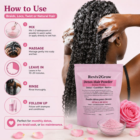 Reviv2Grow Detox Hair Powder for Braids, Locs, Twist & Natural Hair with Rose Petal -226g