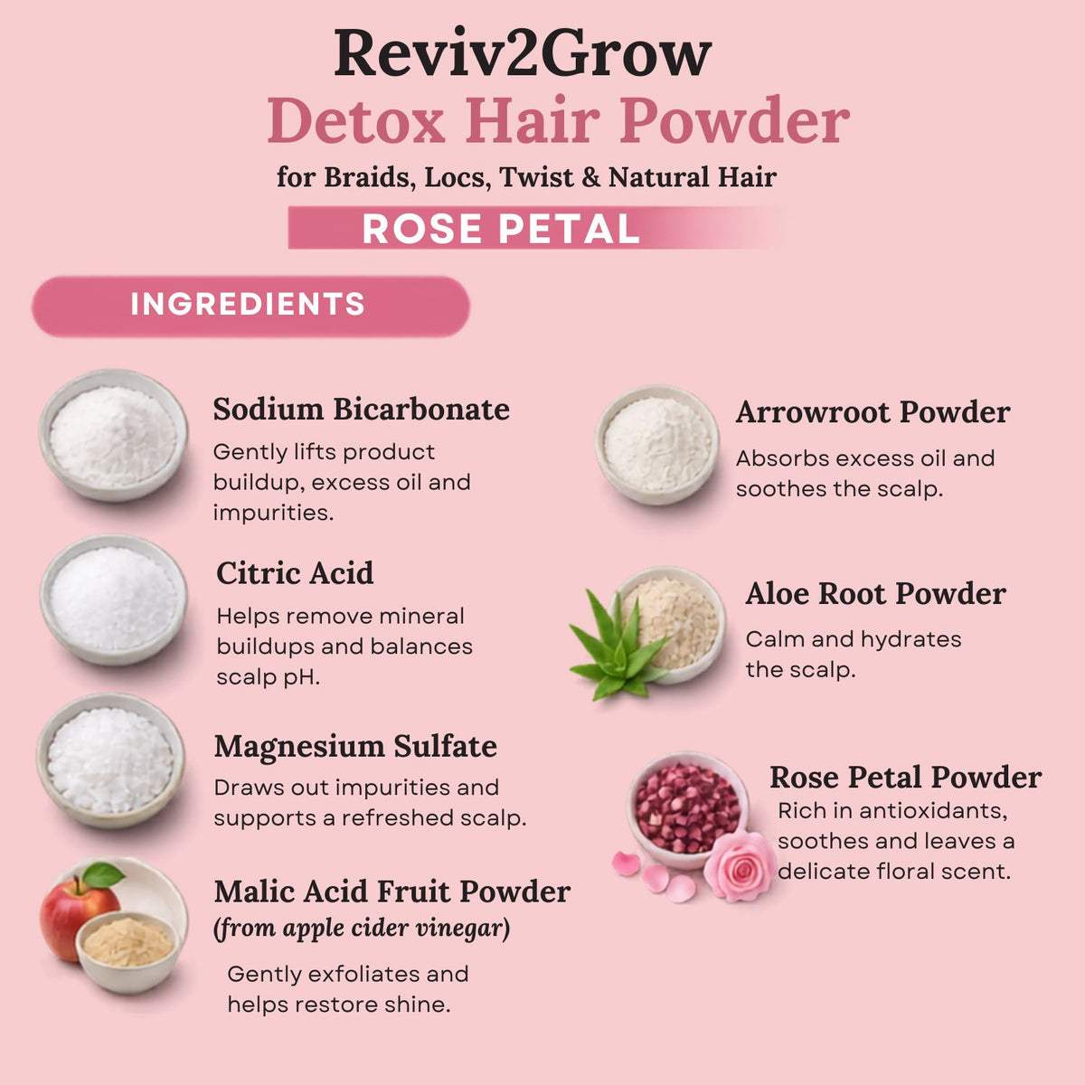 Reviv2Grow Detox Hair Powder for Braids, Locs, Twist & Natural Hair with Rose Petal -226g