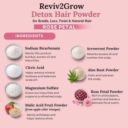 Reviv2Grow Detox Hair Powder for Braids, Locs, Twist & Natural Hair with Rose Petal -226g