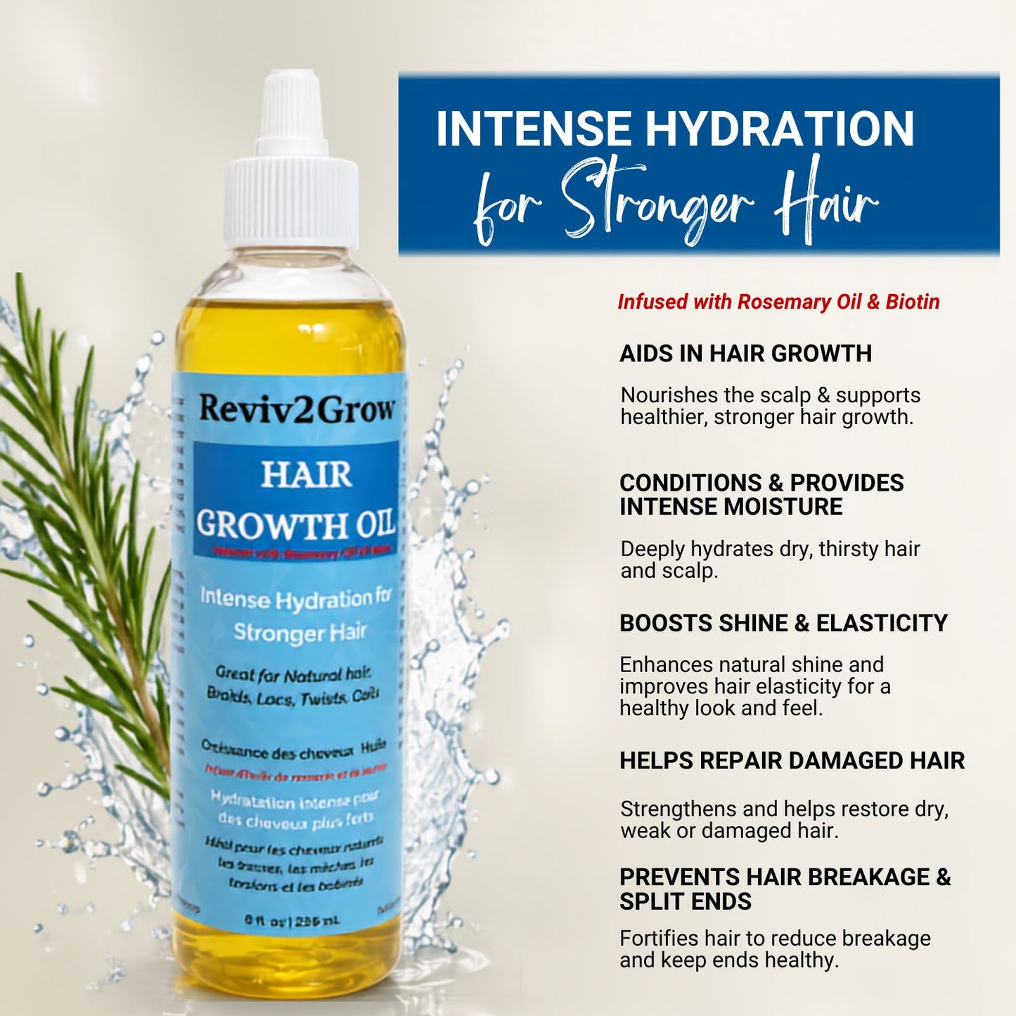 Reviv2Grow Hair Growth Oil Infused with Rosemary Oil & Biotin -8oz