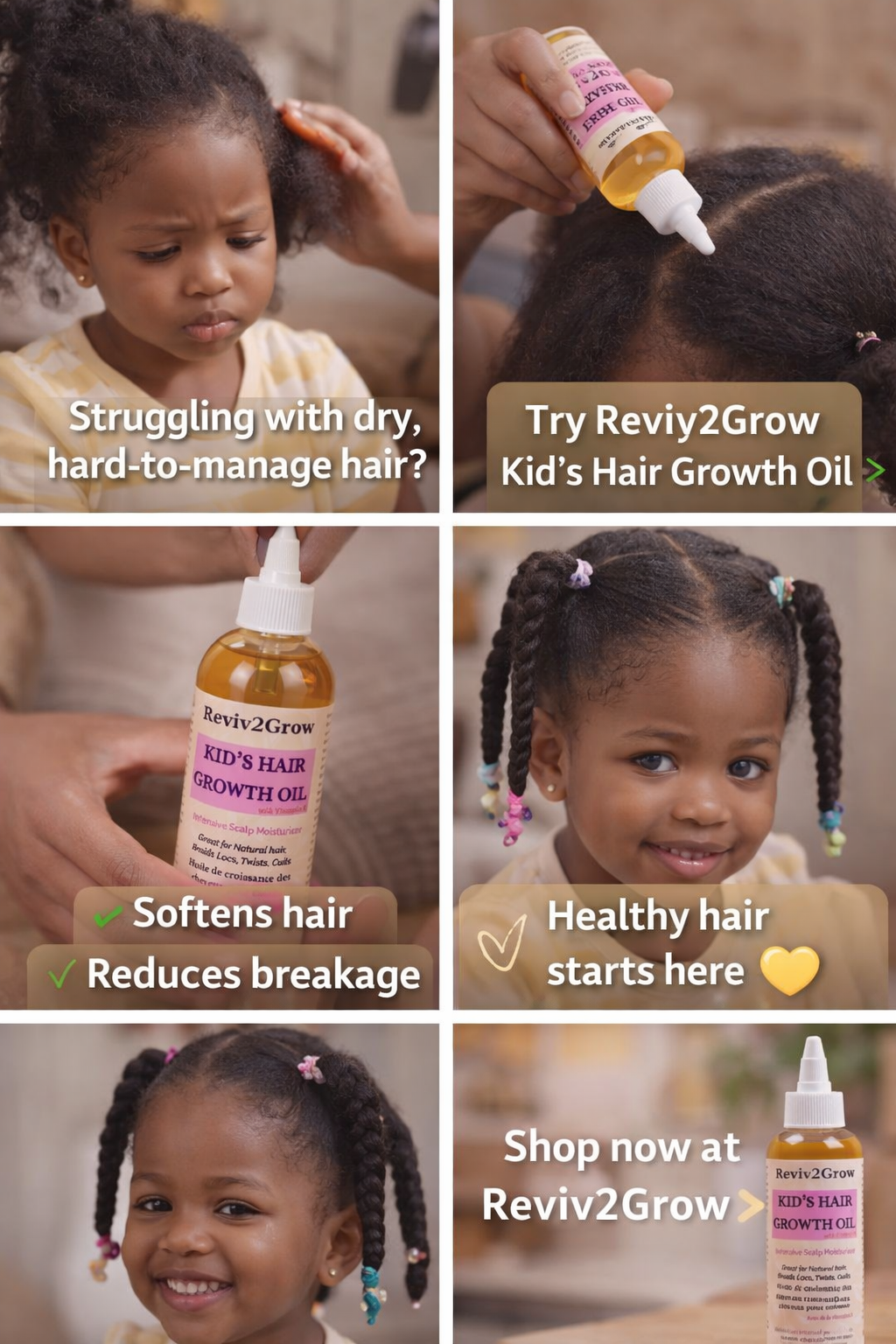 Promotional collage for Reviv2Grow Kids' Hair Growth Oil featuring a child with dry hair and the product.