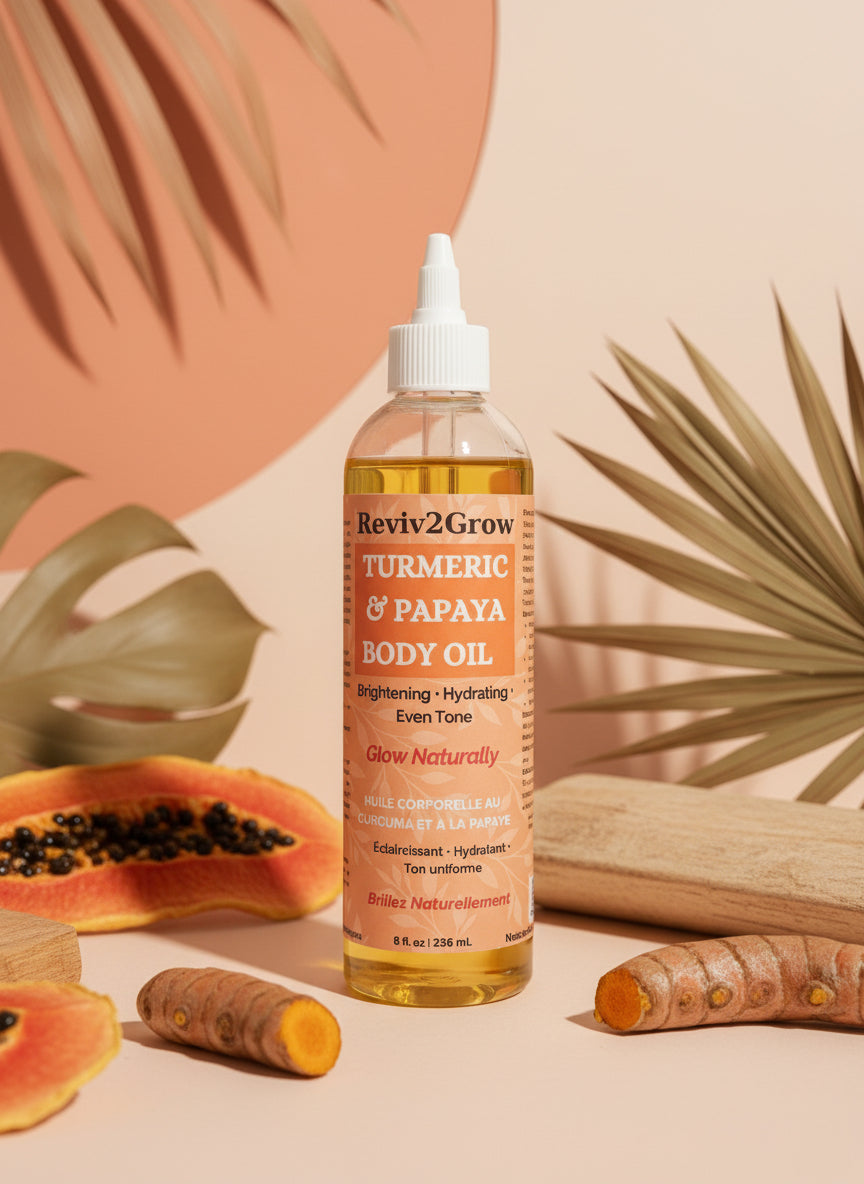 Body oil bottle with a label on a gray surface