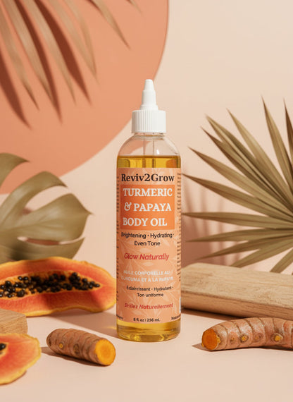 Body oil bottle with a label on a gray surface