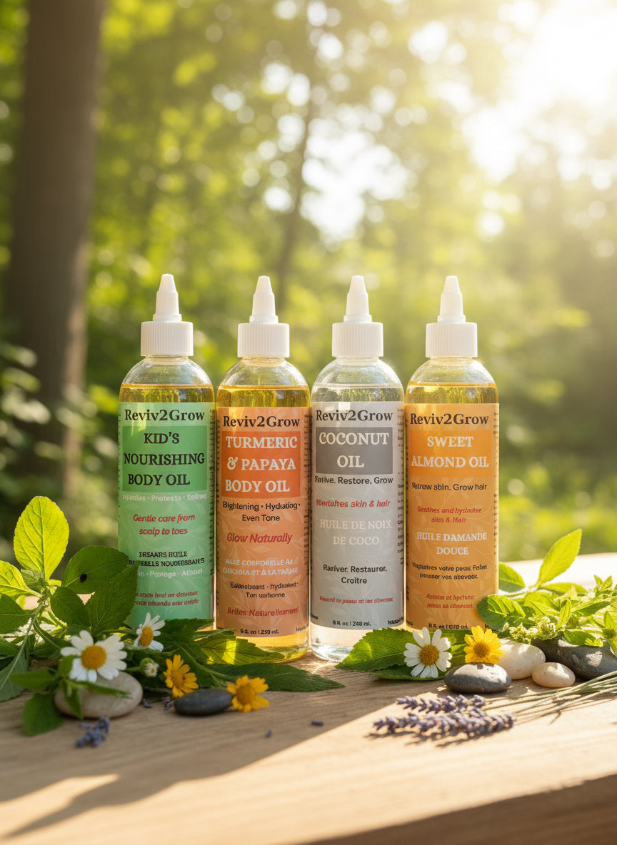 Five bottles of Revive & Grow body oils on a gray background