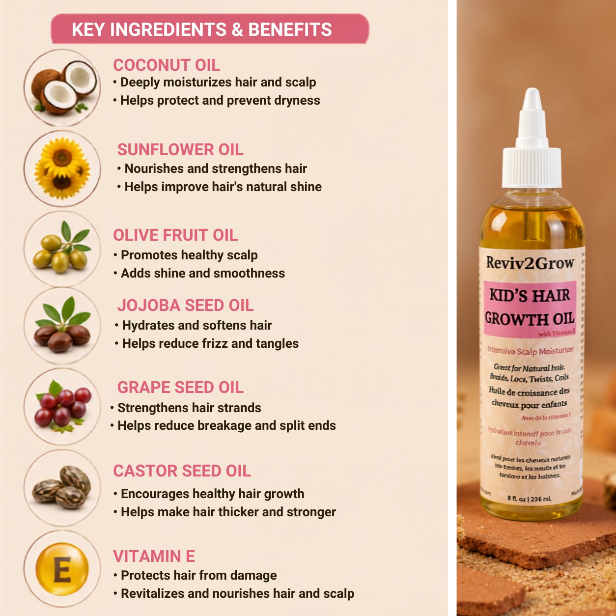 Reviv2Grow Kids Hair Growth Oil with Vitamin E (8oz)