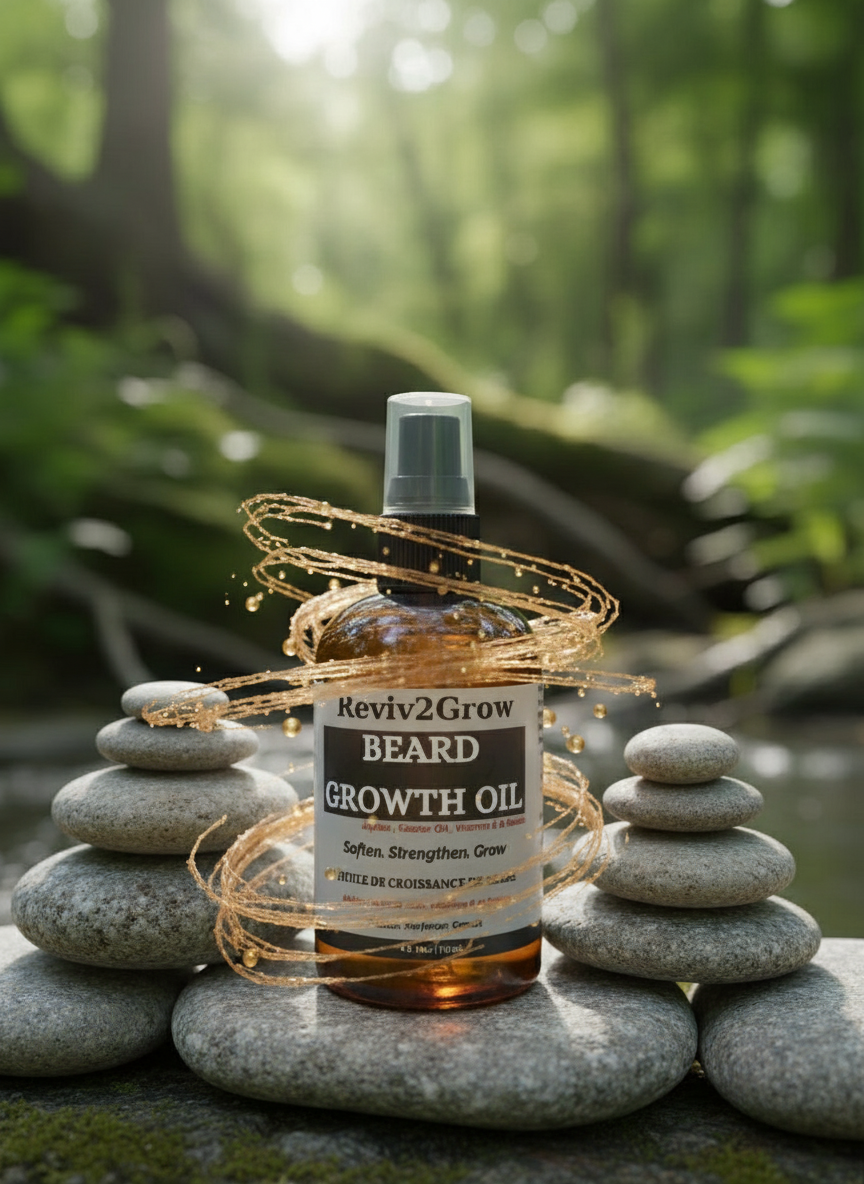 Bottle of Reviv2Grow Beard Growth Oil on stones with a natural background