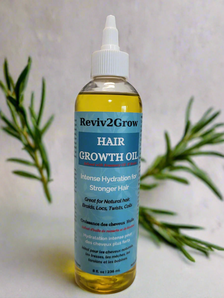 REVIV2GROW Hair Growth Oil (8oz) is a nutrient-packed formula infused with rosemary essential oil and biotin to stimulate the scalp, promote thicker hair, and reduce breakage. This natural blend strengthens strands, improves shine, and supports overall scalp health. Perfect for all hair types, including natural, curly, and textured hair. 100% cruelty-free and available at Sareya Beauty in Canada.