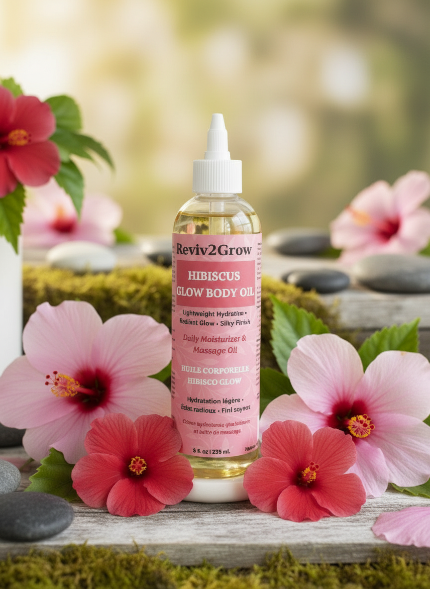 Reviv2Grow Hibiscus Glow Body Oil bottle with flowers and stones in the background