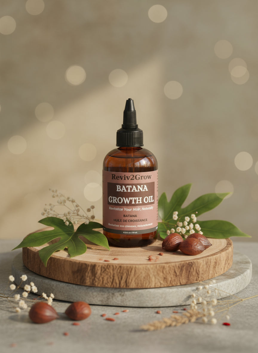 Bottle of Reviv2Grow Batana Growth Oil on a light background