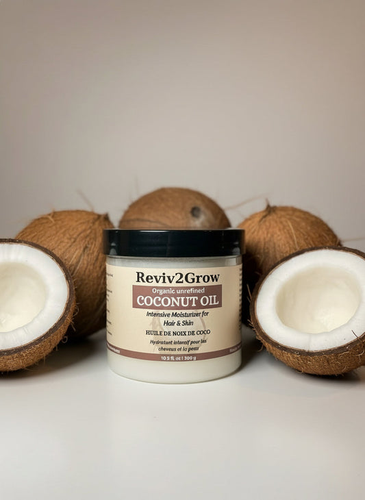 Jar of Reviv2Grow coconut oil on a white background