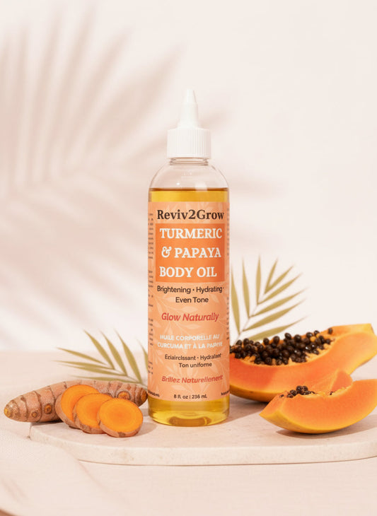 Bottle of Reviv2Glow Turmeric & Papaya Body Oil on a cardboard surface with a gray background