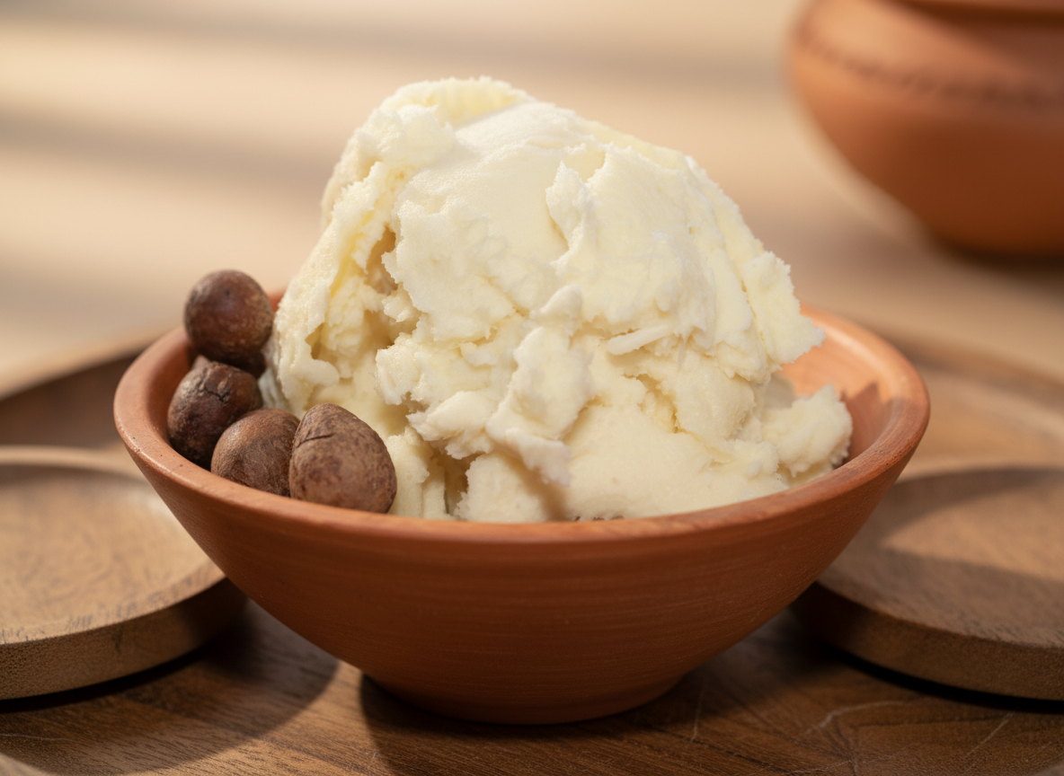 Vanilla ice cream in a terracotta bowl with nuts on a wooden surface
