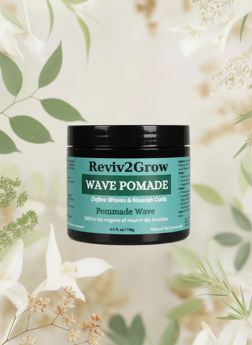 Reviv2Grow Wave Pomade jar on a floral background