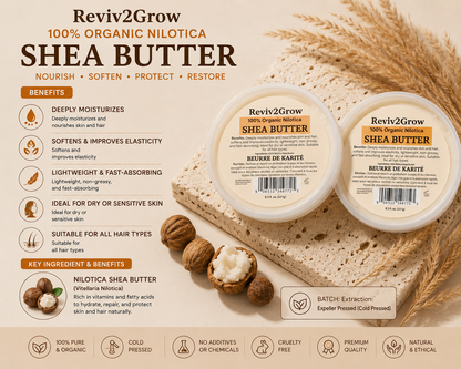 Reviv2Grow Shea Butter packaging with ingredients and benefits on a beige background