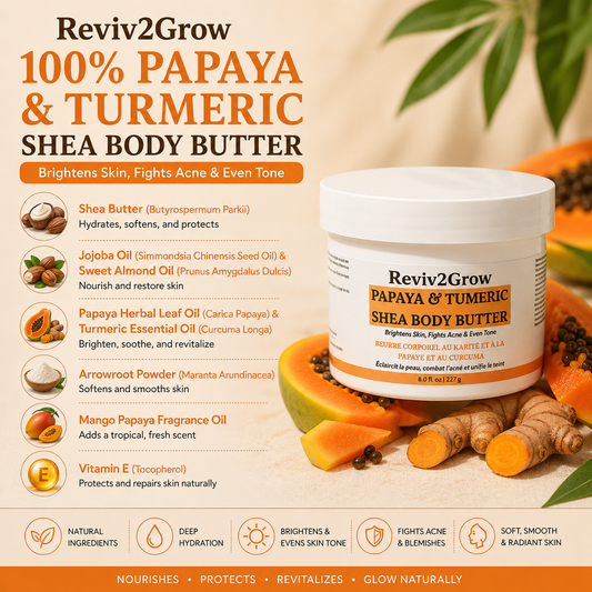 Reviv2Grow Papaya & Turmeric Shea Body Butter with ingredients listed on a beige background