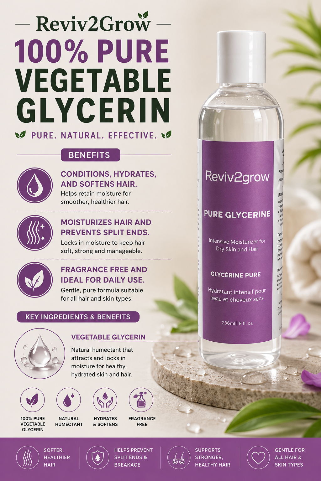 Reviv2grow 100% Pure Vegetable Glycerin bottle with product details on a natural background