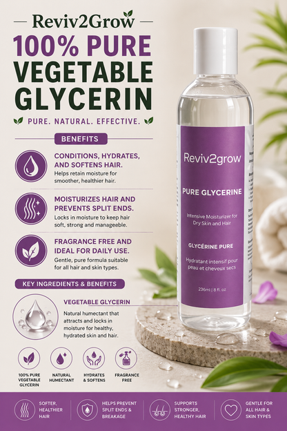 Reviv2grow 100% Pure Vegetable Glycerin bottle with product details on a natural background