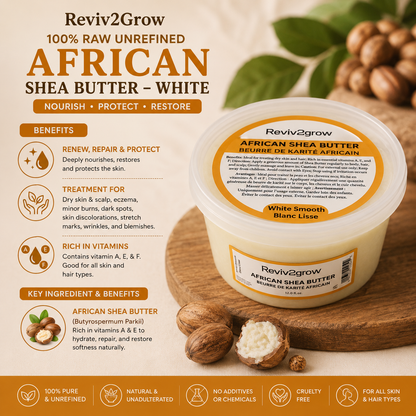 Reviv2grow African Shea Butter container with product details on a wooden board.