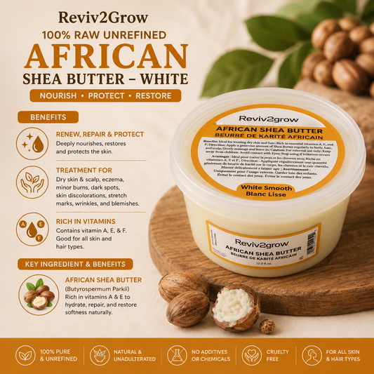 Reviv2grow African Shea Butter container with product details on a wooden board.