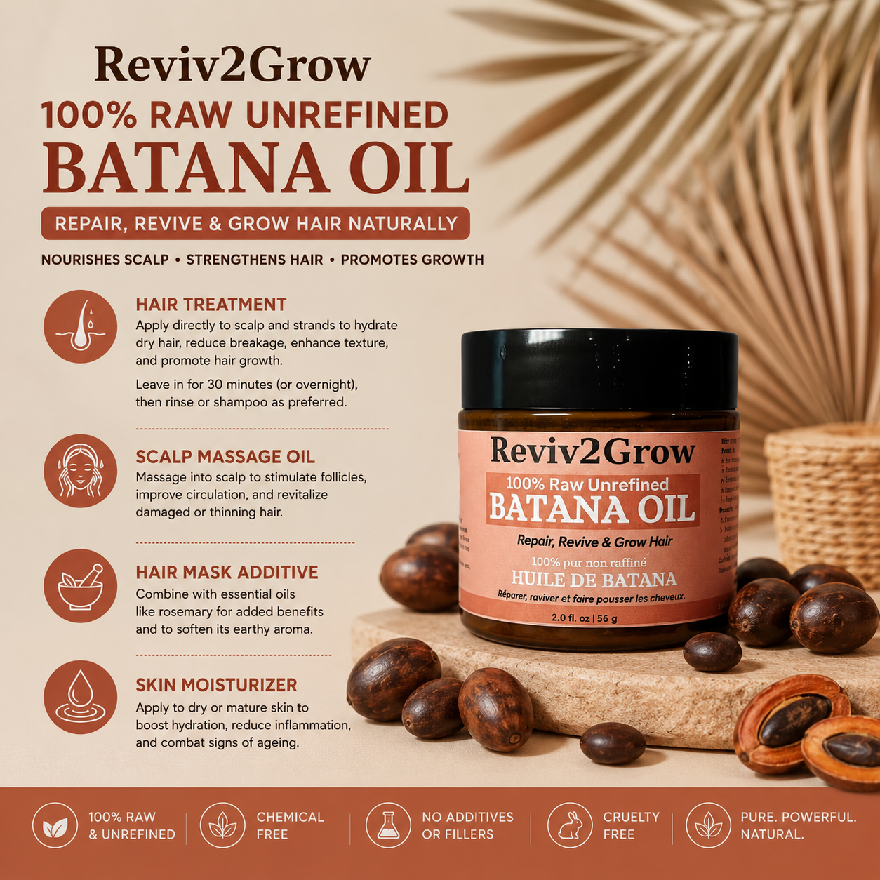 Reviv2Grow Batana Oil packaging with ingredients and usage instructions on a beige background.