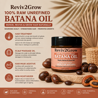 Reviv2Grow Batana Oil packaging with ingredients and usage instructions on a beige background.