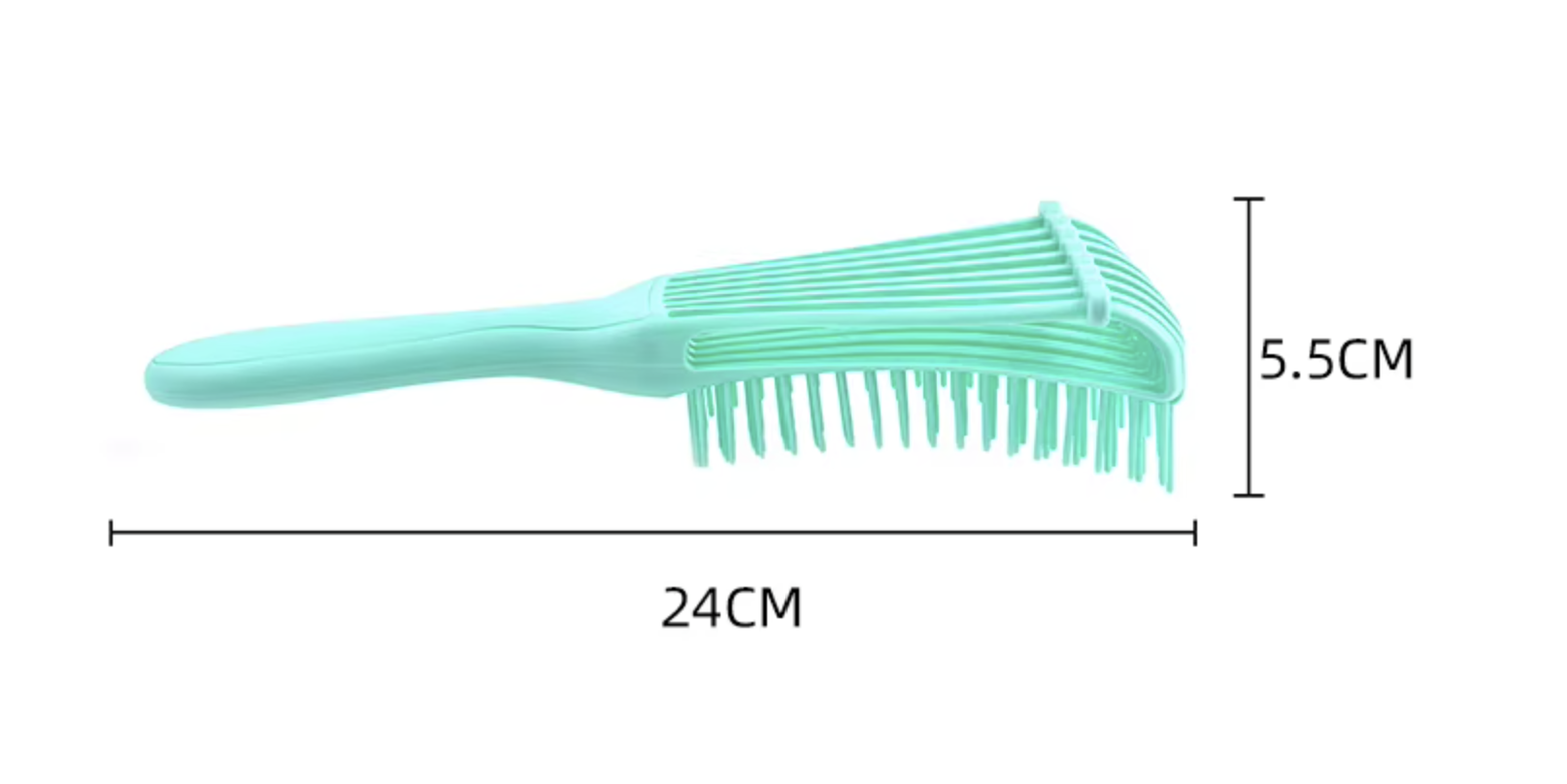 Turquoise comb with measurements on a white background
