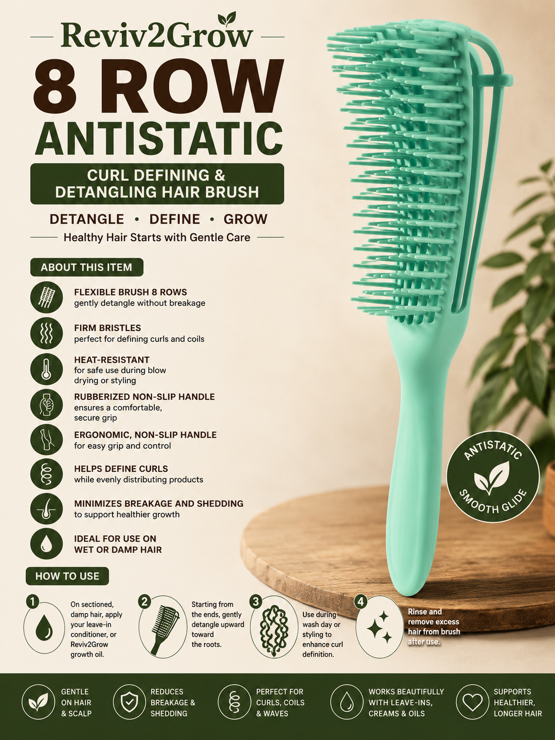 Reviv2Grow 8 Row Antistatic hair brush with product details on a light background