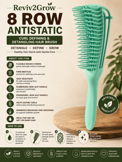 Reviv2Grow 8 Row Antistatic hair brush with product details on a light background