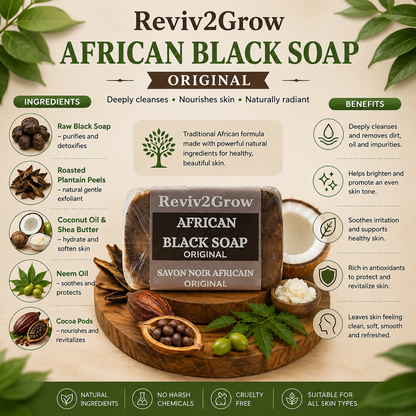 Reviv2Grow African Black Soap product with ingredients and benefits on a wooden tray.