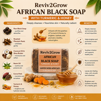Reviv2Grow African Black Soap with Turmeric & Honey packaging and ingredients on a beige background