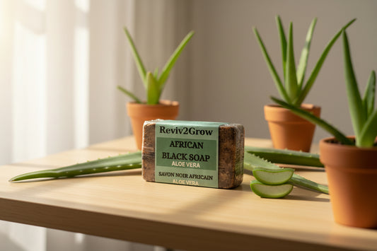 Bar of African Black Soap with Aloe Vera on a white marble surface