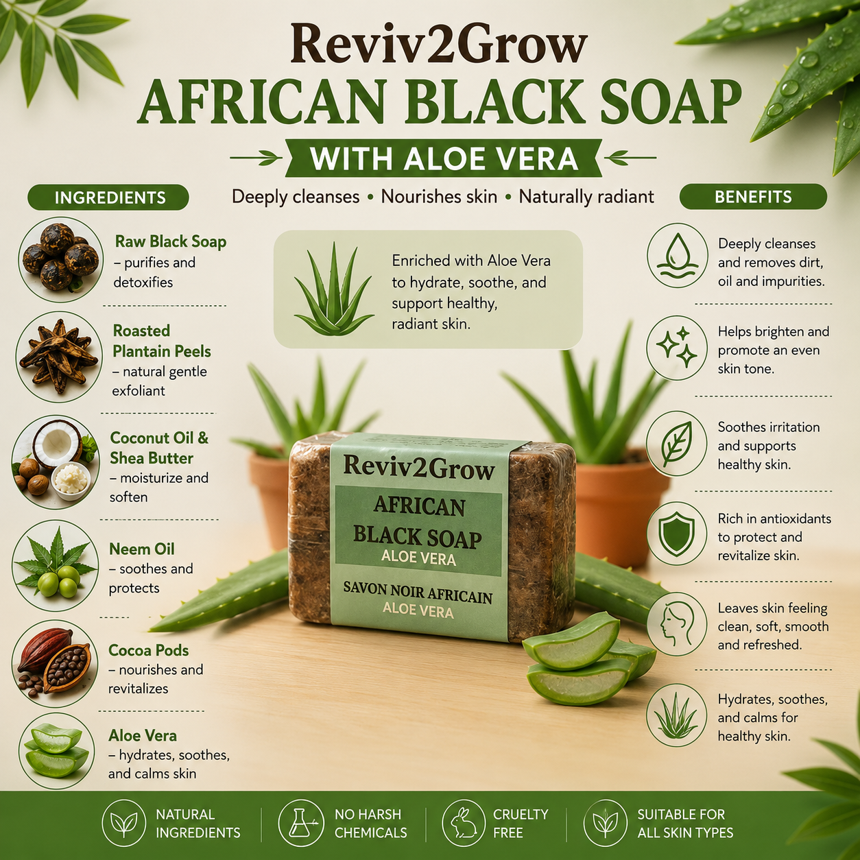 Reviv2Grow African Black Soap with Aloe Vera packaging and ingredients on a wooden surface.